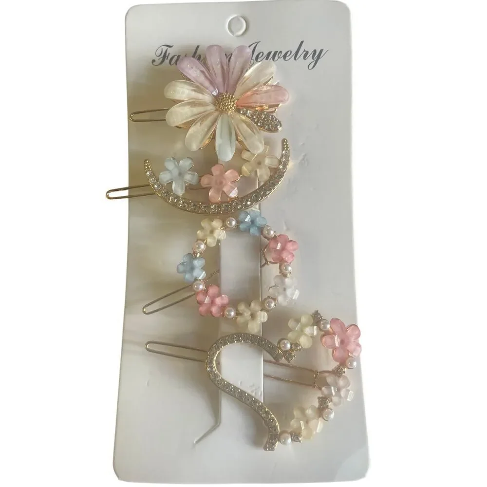 Pastel Flower Hair Clips Set 4pcs Rhinestone Pearl Barrette